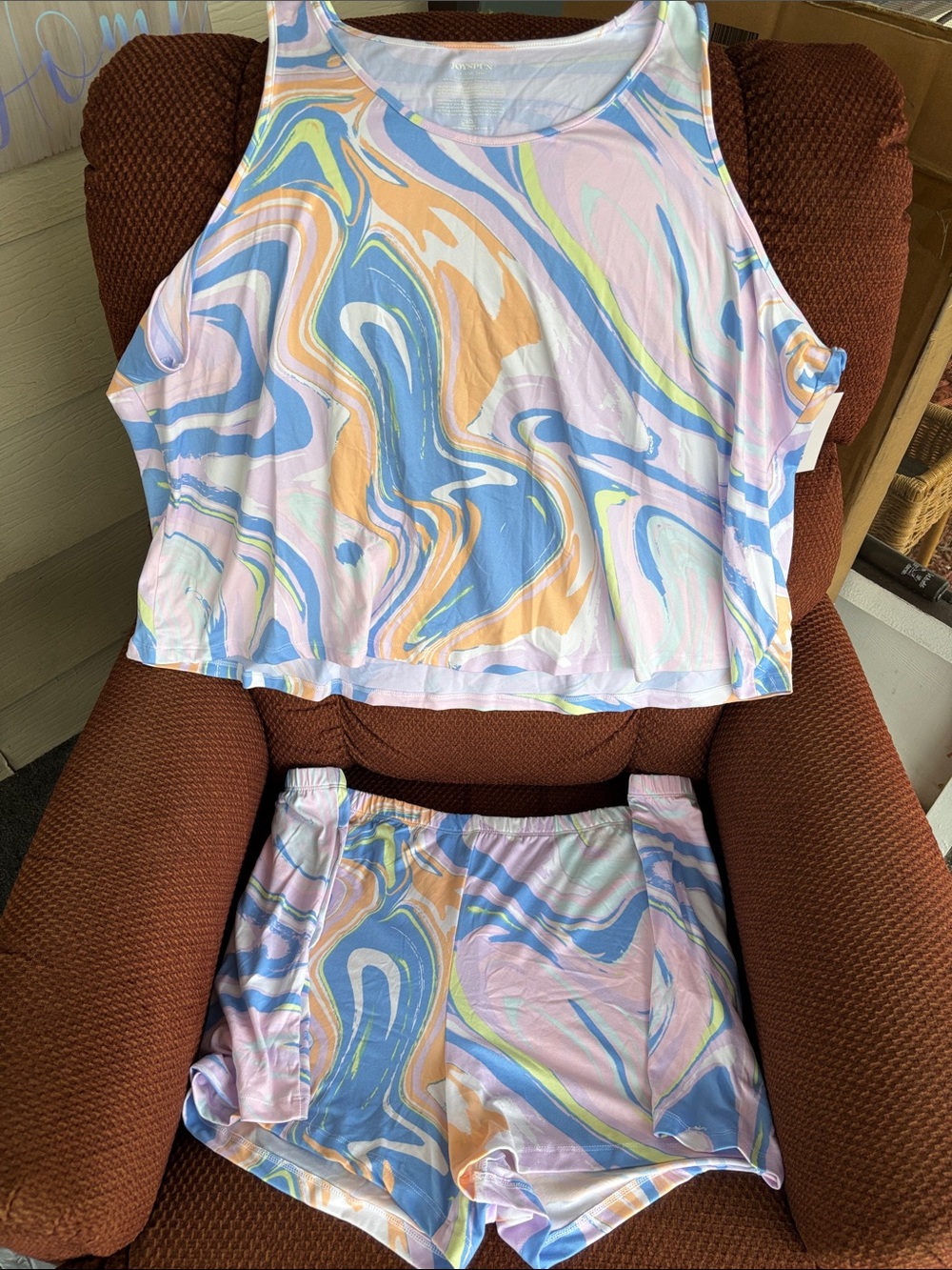 Women's Marble Print Pajama Set - Pastel Blue & Pink